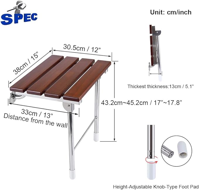 Folding Shower Seat Wall Mounted Bathroom Bathtub Safety Stool Chair, Solid Wood, with Support Legs, Load of 350 lbs, 14.88"(L)*12"(W)*17.12"(H) (Wood)