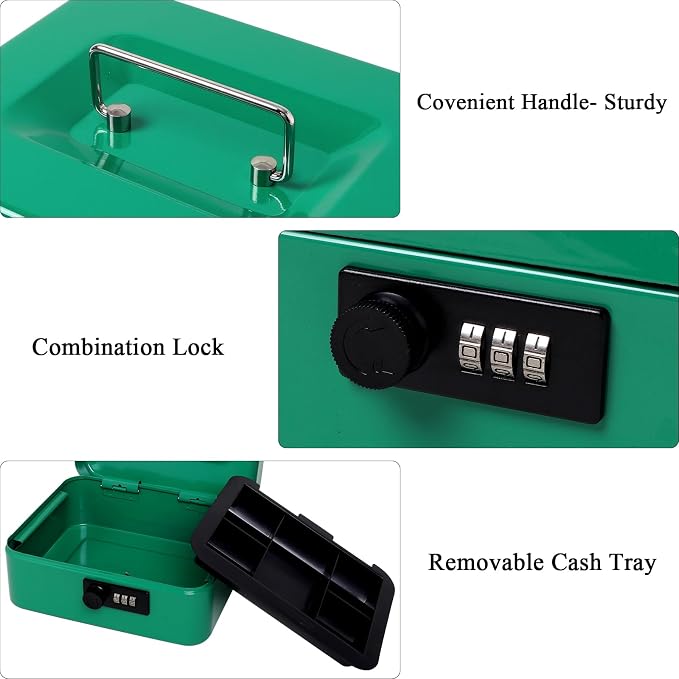 Jssmst Medium Cash Box with Combination Lock - Durable Metal Cash Box with Money Tray Green,7.87 x 6.3 x 3.35 inches