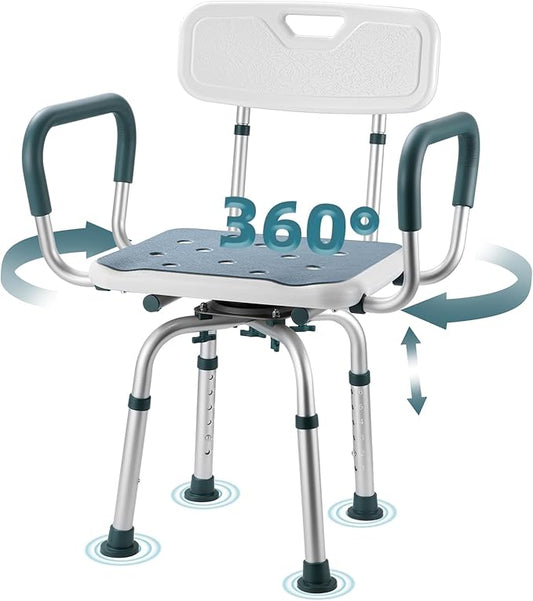 Swivel Shower Chair with Arms and Back, 400 lbs Heavy Duty Shower Seat for Inside Shower Stall and Bathtub, Height Adjustable Safety Bath Seat for Elderly, Adults, Handicap and Disabled
