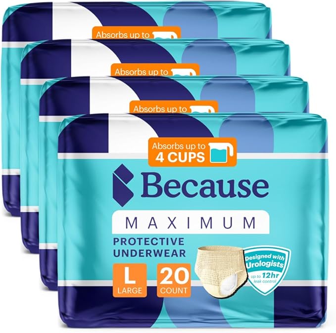 Because Premium Maximum Plus Adult Incontinence and Postpartum Bladder Leak Underwear for Women, Maximum Absorbency, Disposable, Beige, Large, 80 Count (4 Packs of 20)