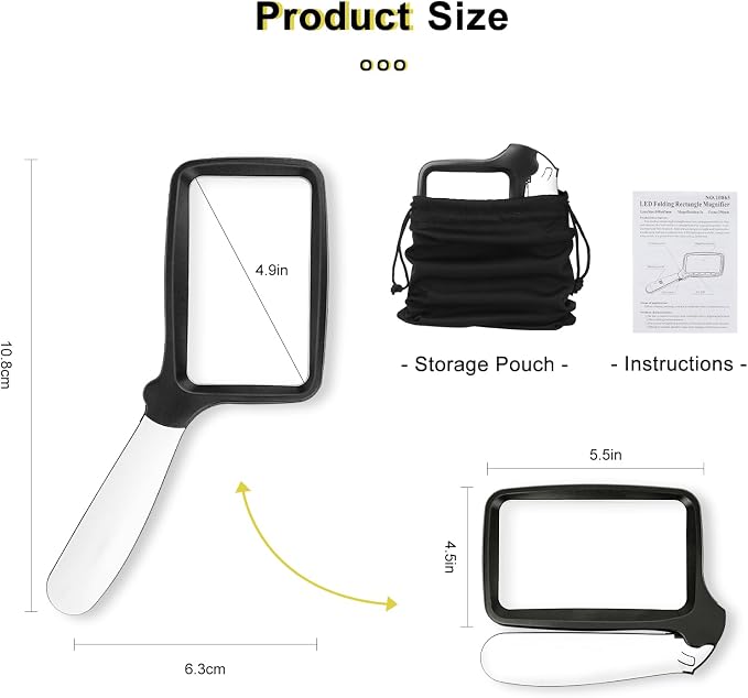 3X Folding Magnifying Glass with Light, Retancular Lighted Magnifier with 5 LED Lights, Handhold Page Magnify Lens Seniors Gift for Reading Books, Coins, Maps, Inspection, Exploring -Black