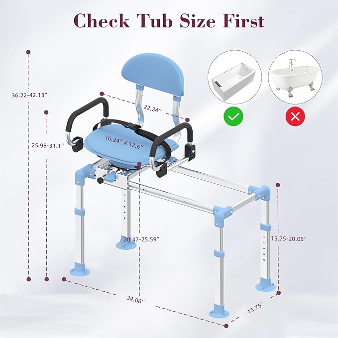 Sliding Shower Chair with 360°Swivel Seat, Adjustable Height & Backrest Shower Chair Tub Transfer Bench with Safety Belt, Pivoting Armrests Swivel Shower Chair for Elderly, 330 Lb Capacity Blue