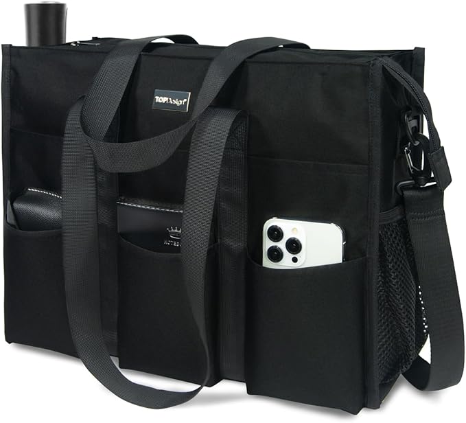 TOPDesign Utility Water Resistant Tote Bag with 22 Pockets, Top Zipper Closure & Thick Bottom Support, for Working Women