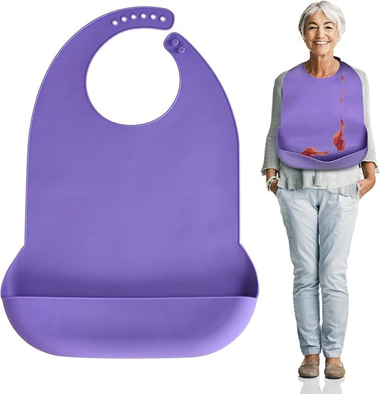 Adult Bibs for Men Women Adjustable Washable Silicone Adult Bibs for Elderly with Crumb Catcher (Purple)