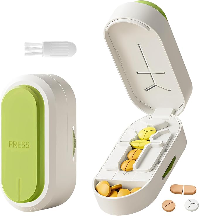 Pill Cutter Splitter for Small and Tiny Pills, Vertical Push Down Cut Pill Cutter 1/4 1/3 1/2, Accurate Pill Cutter for Small or Large Pills with Storage Cleaning Brush Pill Crushers for Elderly Pets