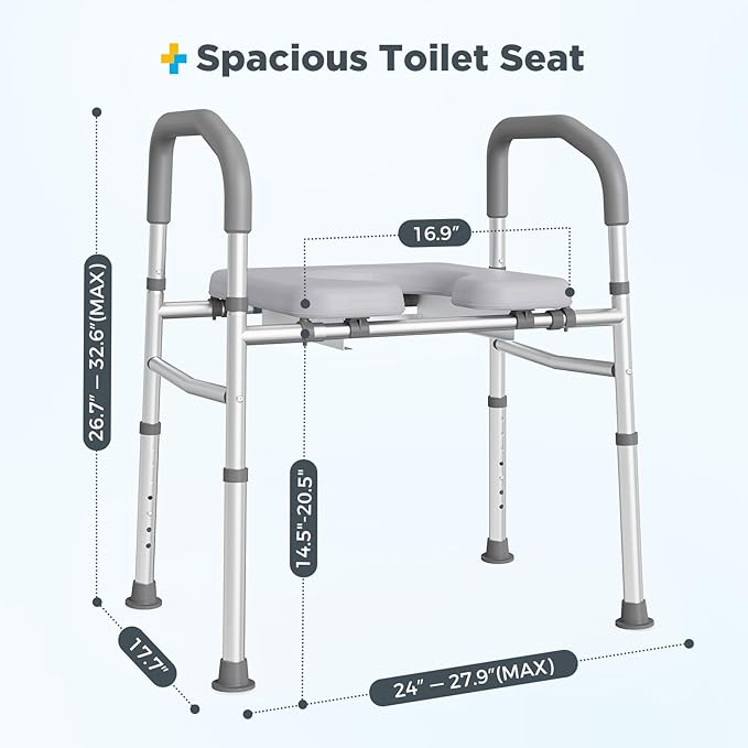 Bedside Commode for Seniors, Commode Chair with Adjustable Width and Height, 400 LBS Weight Capacity, 16.9 Inch Extra Large Soft Seat Plate