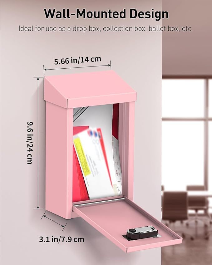 Uniclife Cash Box with Combination Lock, Wall Mounted Mailbox for Outside | Pink Code Lock Box, Metal Donation Box with Top Slot, Suggestion Box for Office and Business