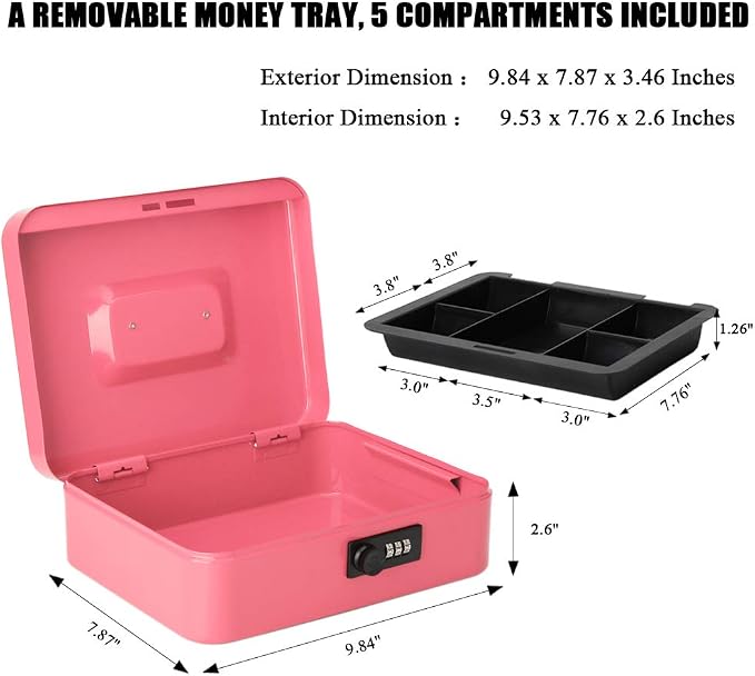 Jssmst Large Cash Box with Combination Lock - Durable Metal Cash Box with Money Tray Pink (9.8 x 7.9 x 3.5), SM-CB07004L, SM-CB014