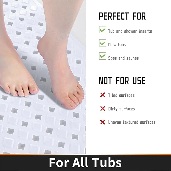 Yimobra Bathtub Mat Non Slip, Super Strong Suction Cups, 27.5"x15.5" Long Shower Mat with Drain Holes, Machine Washable Fast Draining Bath Mats, Bathroom Essentials,White