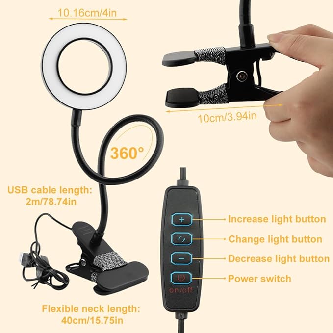 5X Magnifying Glass with Light, 3 Color Modes LED Lighted Desk Lamp, USB Powered Magnifier Lamp with Metal Clamp, Flexible Gooseneck Magnifier for Bed Work Crafts DIY Repair(Black)