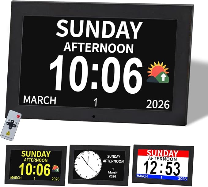 10.1 Inch Black Digital Dementia Clock, Large Display Calendar Clock, 15 Medication Reminders, Auto DST, Auto Brightness Adjustment, Equipped with Remote Control (10.1inch Black, Large)