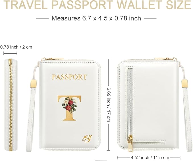 Passport Holder for Travel Personalized Wallet with Wristlet Women | All-in-One Passport Cover, RFID Blocking, Back Coin Pocket, Paper Money Slot, Zipper Closure, Roses Initial Letter, White T
