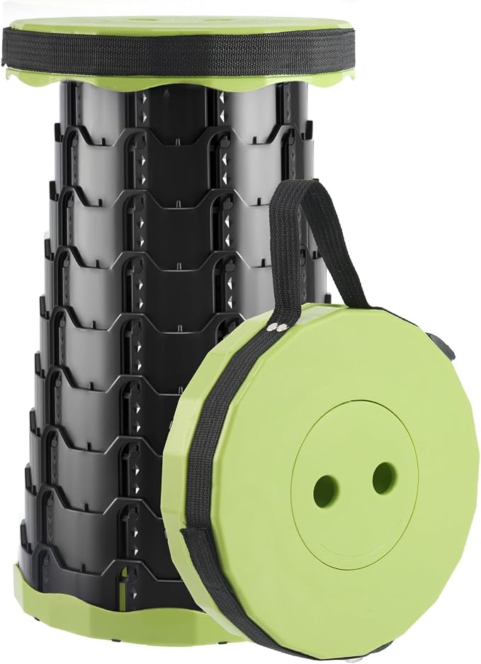 Doseno Portable Collapsible Stool, Pop Up Stool, Retractable Camping Seat | Height range 2.4-17.5 in; thickened PP, 2 lb design and shoulder strap for fishing, hiking, BBQ, travel, and outdoor use.