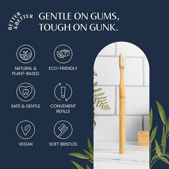 Better & Better Natural Bamboo Toothbrush | Soft Bristles | 100% Plant-Based | Reusable Handle and Replaceable Brush Head | Eco-Friendly, Zero Plastic | Adult Size, Blue