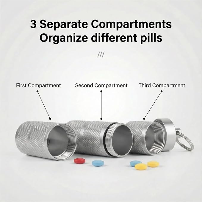 Waterproof Keychain Pill Holder - Compact, Portable, and Secure Pill Box with 3 Compartments - Pocket-Sized Pill Case and Container for Daily Medication on the Go, Sliver | Anodized aluminum with a keyring. 3 detachable layers. Pocket-sized, rustproof ...