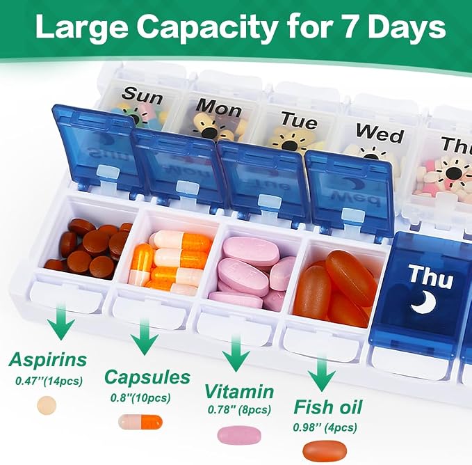 Shintop Weekly Pill Organizer 2 Times a Day, Easy Fill Am Pm Pill Box | Easy-Open Buttons, Quick-Fill Removable Top, Large Compartments, BPA-Free PP, Silicone Hinges, Senior- and Arthritis-Friendly