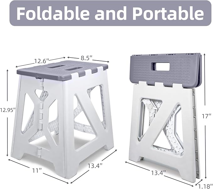 Foldable Step Stool (1 Pack), 12.9” Tall up to 300 lb Sturdy Plastic Folding Step Stool for Adults Kitchen Bathroom, Portable Small Stool Travel Foot Stool, Folding Stool for Home & Outdoor Use Gray