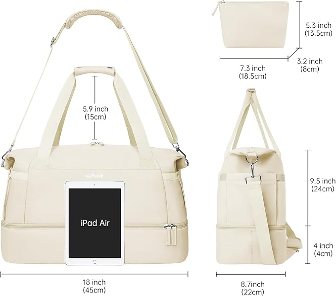 Gym Bag for Women, Personal Item Travel Bag with Shoes Compartment, Weekender Overnight Duffel Bag with Wet Pocket, Carry On Bag for Women, Travel, Gym, Weekend (Beige)