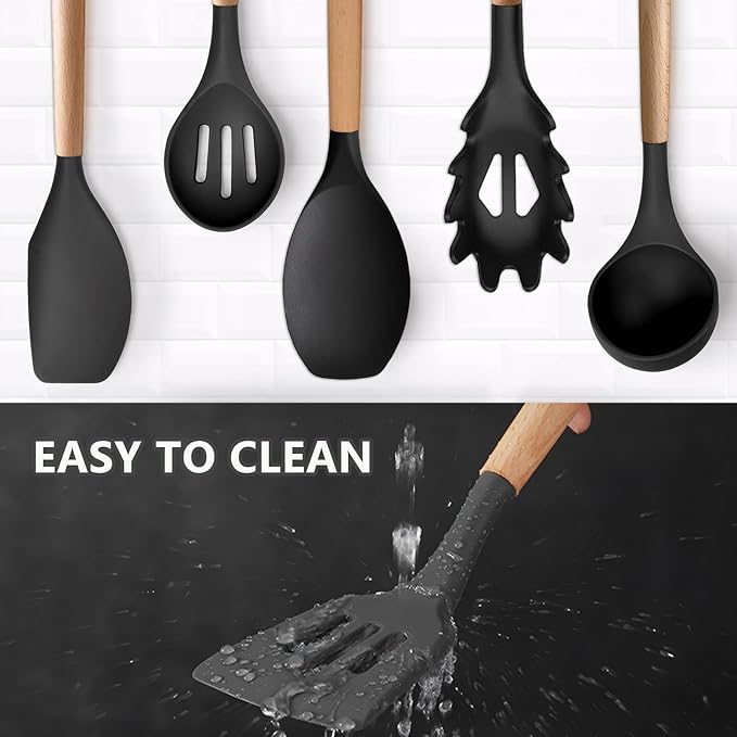 Silicone Kitchen Utensils Set of 6, Cooking Utensils Set with Heat Resistant Wooden Handle, Nonstick Silicone Spatula Spoon Turner Ladle, Cooking Kitchen Gadget for Cookware & Baking BPA FREE