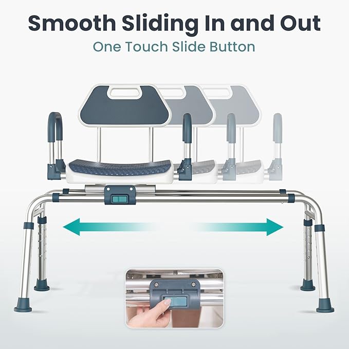 Sliding Shower Chair Tub Transfer Bench with Swivel Seat, Shower Bench for Elderly and Disabled, with Security Belt, 360 Rotation, Slides and Rotates, Adjustable,one Touch Slide Button, Dark Blue