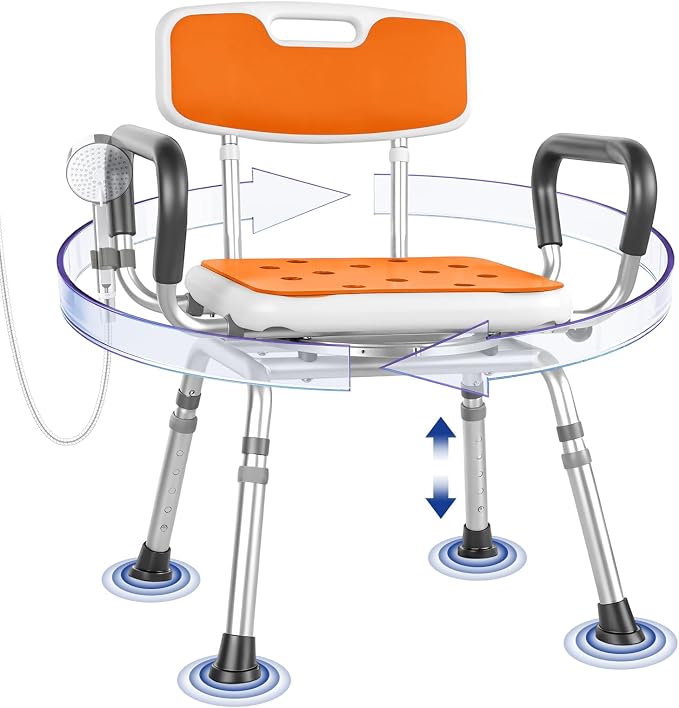 360 Swivel Shower Chair with Arms and Back, Heavy Duty [300 lbs] Padded Bath Seat for Inside Shower, Height Adjustable Rotating Shower Stool for Seniors, Elderly, Disabled & Bariatric Adults, Orange
