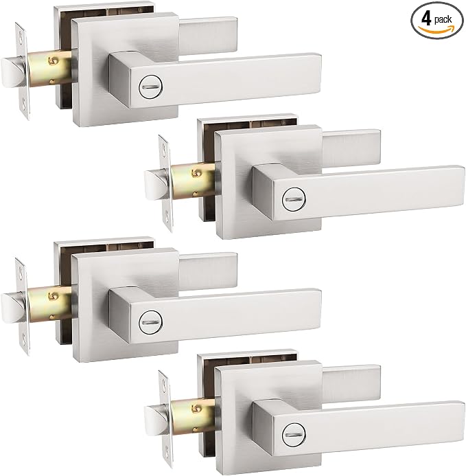 KNOBWELL 4 Pack Brushed Nickel Door Handle, Heavy Duty Modern Doorknob Interior Lever for Bed and Bath, Privacy Door Handle Lever(No Key)