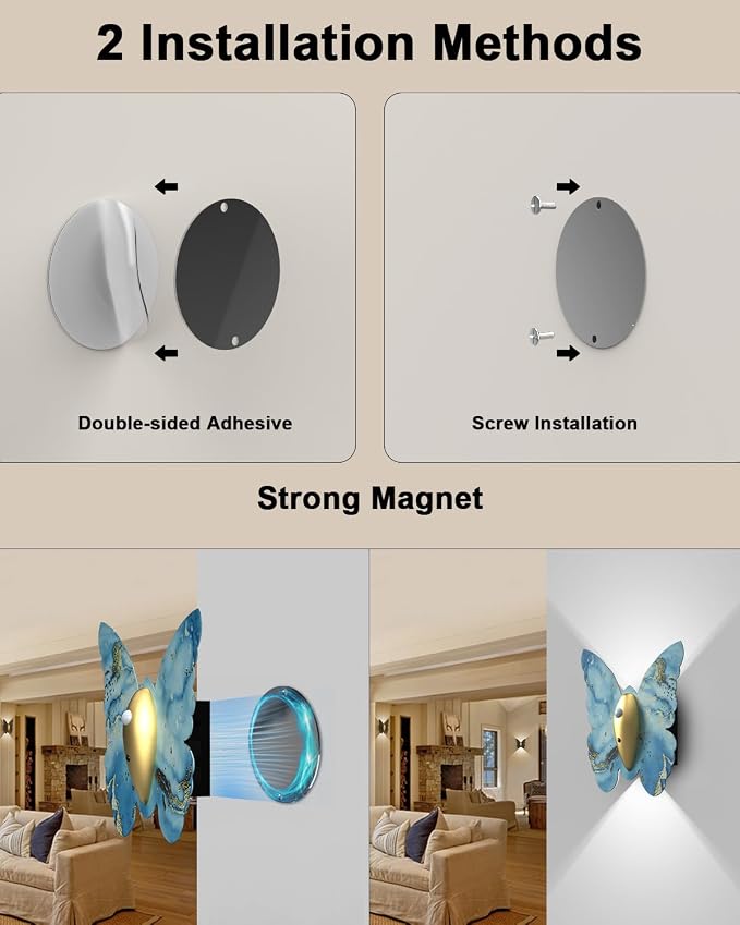 Eneru Motion Sensor Wall Sconce Set of 2, Rechargeable Wall Lights, Indoor | 5000mAh Battery Operated Wall Sconces, Magnetic Butterfly Motion Night Light for Hallway Stair Closet Pantry, Blue & Gold