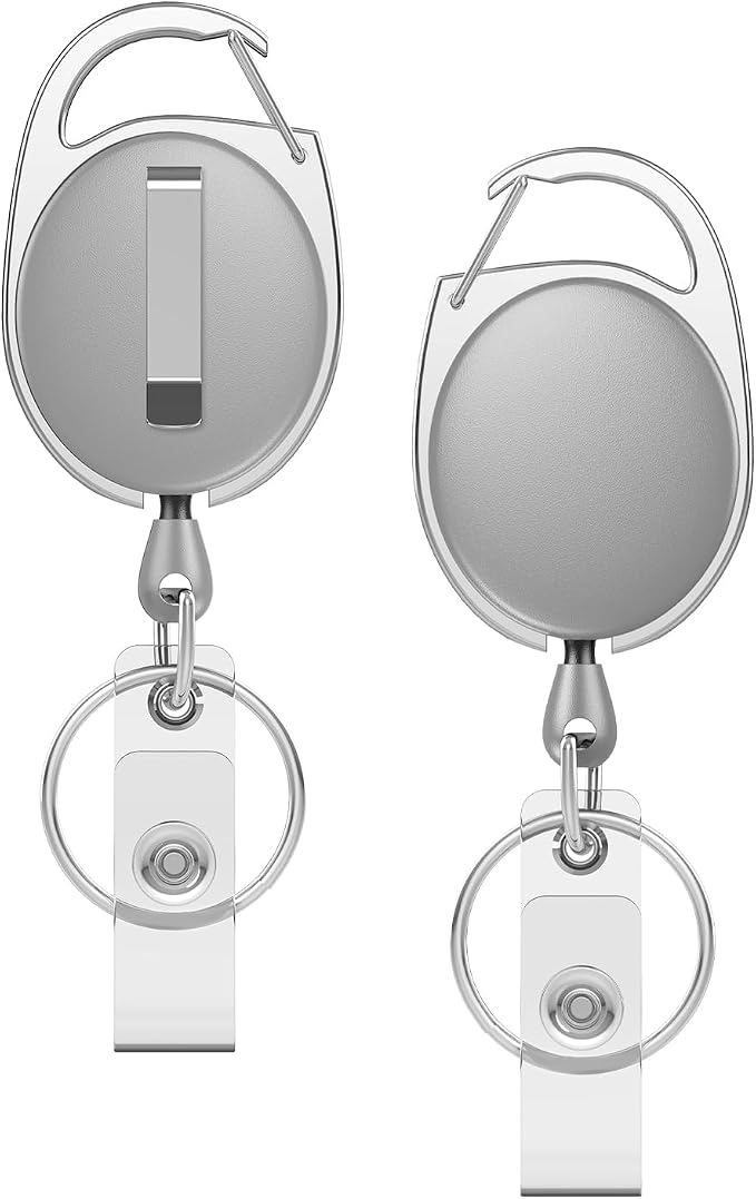 Uniclife 2 Pack Retractable Keychain, Retractable Badge Reel, Heavy Duty Badge Holder Clip for Keys and ID Card, Key Chain Extender with Carabiner Belt Clip and Key Ring, Light Grey