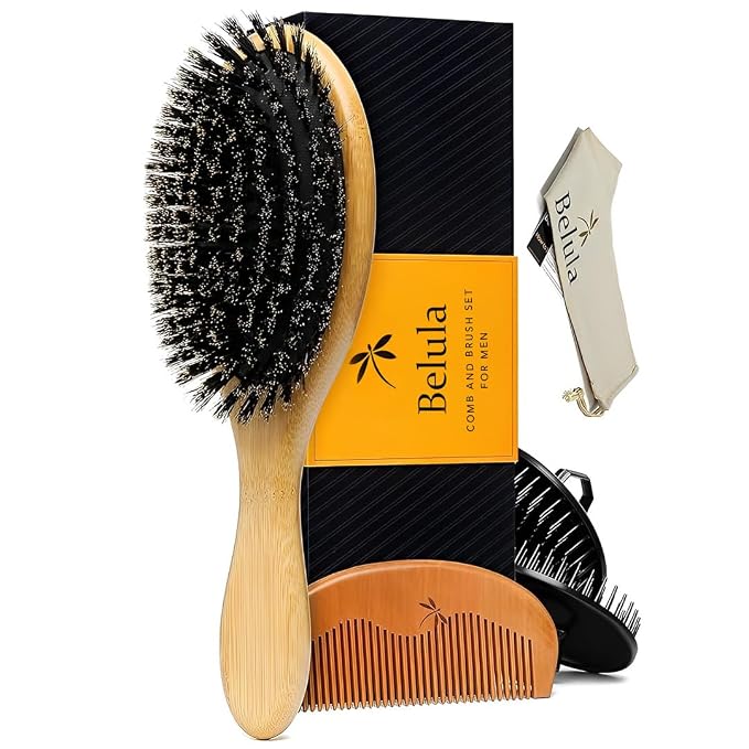 Belula 100% Boar Bristle Hair Brush Set for Men, Thin, Normal to Short Hair | Wooden comb, 2 palm brushes, travel bag, 100% organic bamboo and boar bristles, no nylon fillers, massages scalp, adds shine