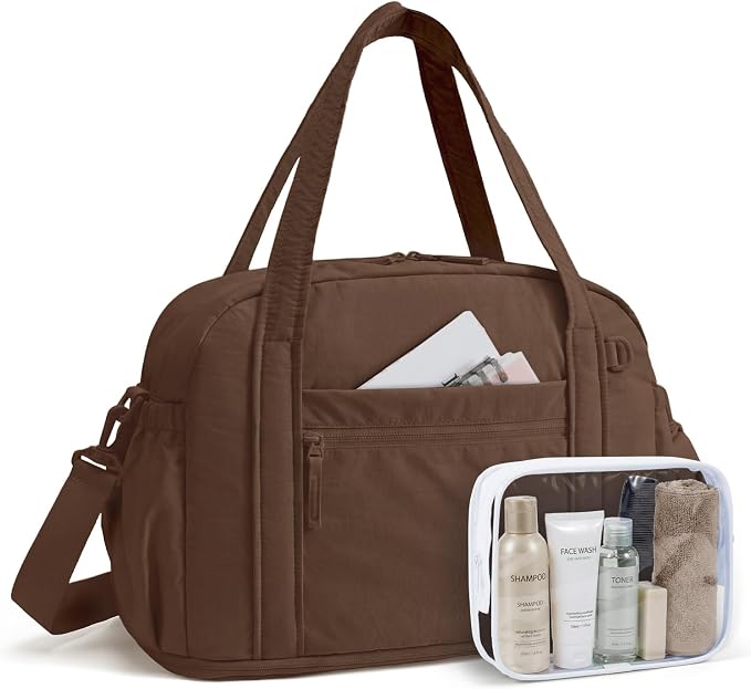 BAGSMART Expandable Personal Item Travel Bag, Lightweight Gym Bag for Women, 24L Weekender Travel Duffle with Toiletry Bag, Carry on Overnight Duffel, Chocolate