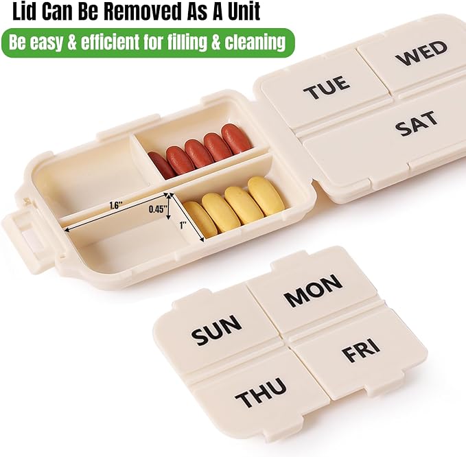 7 Day Compact Pill Organizer, Foldable Portable Travel Pill Box with Double Protection, Daily Small Pill Case Dispenser for Medication, Vitamins, Supplements (Khaki)