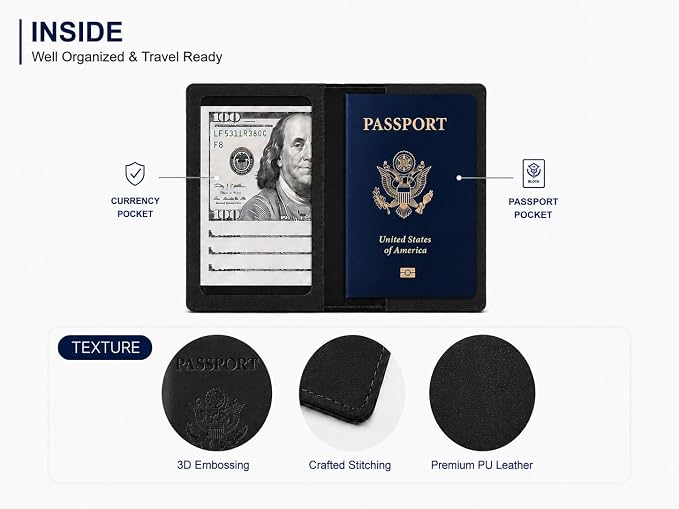 Ciana Passport Holder for Travel – PU Leather Passport Cover and Card Holder for Men & Women – Slim Passport Holder with Card Protector Slot, Travel Must Haves (Black)