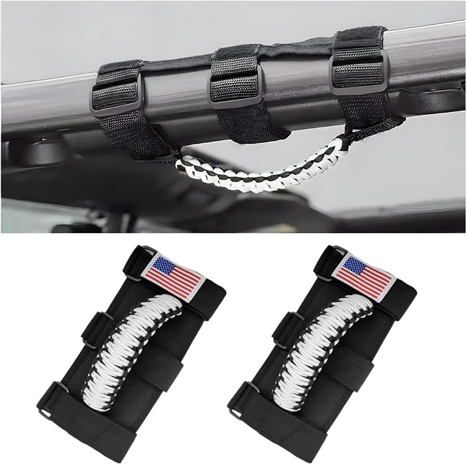 2PCS Car Roll Bar Grab Handles, Oxford Cloth American Flag ATV Paracord Grip Handle with Metal Buckle, Heavy Duty UTV Roll Cage Grab, Compatible with Wrangler JL, JT, JK (White)