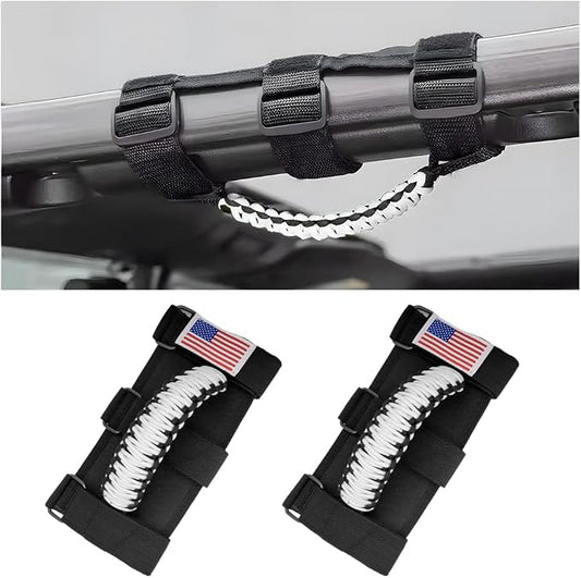 2PCS Car Roll Bar Grab Handles, Oxford Cloth American Flag ATV Paracord Grip Handle with Metal Buckle, Heavy Duty UTV Roll Cage Grab, Compatible with Wrangler JL, JT, JK (White)
