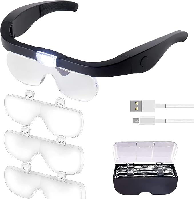 Rechargeable Magnifying Glasses with Light, Hands-Free Headset for Jewelers, Eyelash Extensions, Watch Repair, Cross Stitch, and Close Work