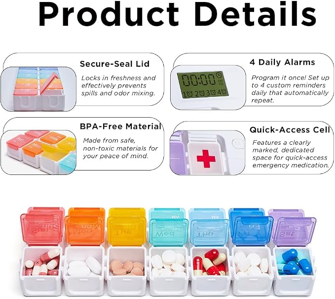 Medication Dispenser with Alarm, 7-Day Pill Organizer with 15 Individual Compartments & 4 Alarms, Loud Reminder for Elderly, Students & Workers, Large Screen, Moisture-Proof Travel Pill Box