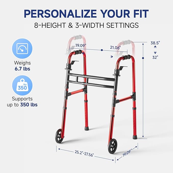 Walkers for Seniors Foldable, Aluminum Lightweight Walker with Wheels, Adjustable Height & Width Standard Walkers for Elderly & Disabled, 350 lbs Capacity, Red