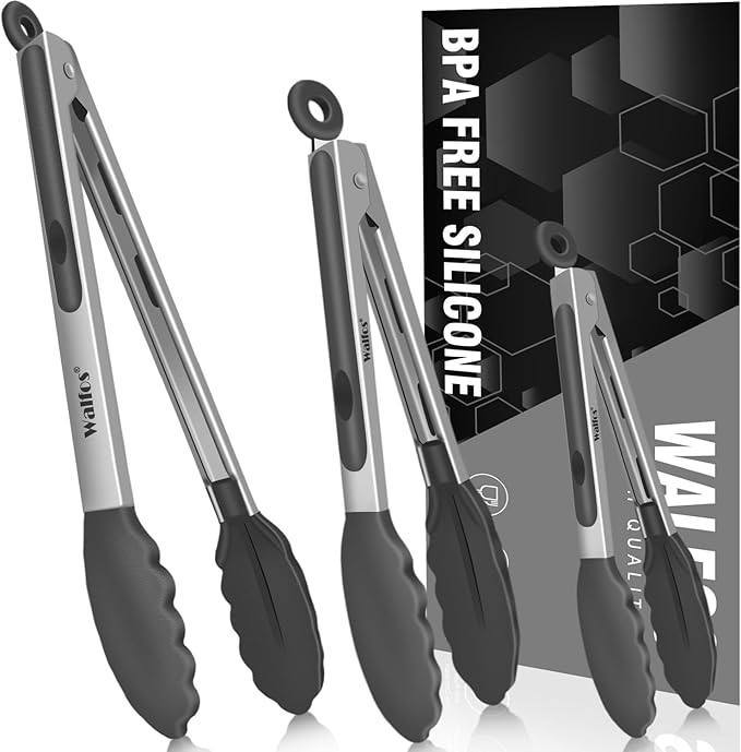 Walfos 600 Degree Heat Resistant Silicone Tongs for Cooking - Kitchen Tongs With Silicone Tips set of 3 size Food Looking Tongs (7" 9" and 12 inch Dark Grey)