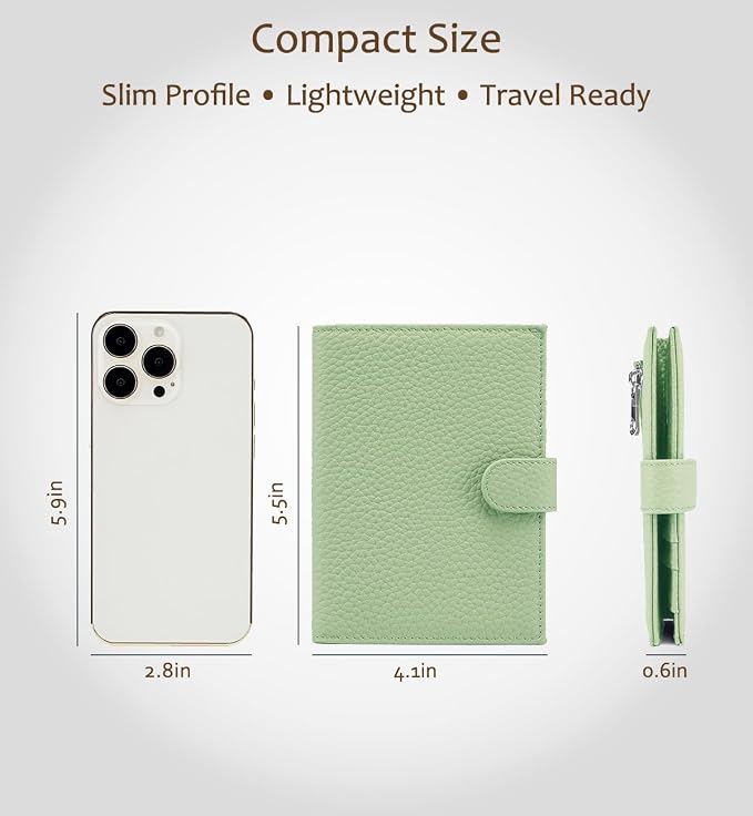 Leather RFID Passport Holder for Travel Women with Gift Box | Slim Passport Wallet with 1 Passport Slot & 3 Card Slots, Zipper Coin Pocket & Gift Box – Passport Cover Case (Light Green)