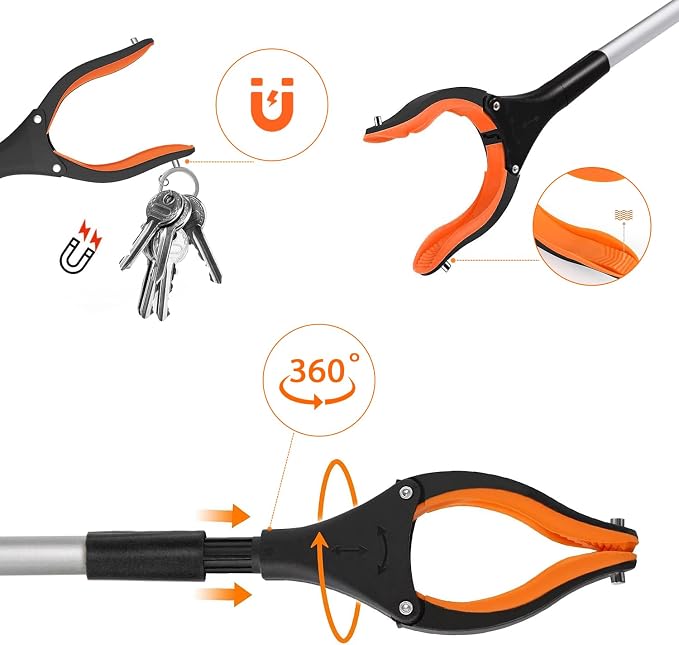 43" Foldable Grabber Reacher Tool,Reacher Grabber Pickup Tool,Folding Grabbers for Elderly Grab It Reaching Tool with Rotating Jaw+Magnets,Grabber Reacher Tool Heavy Duty