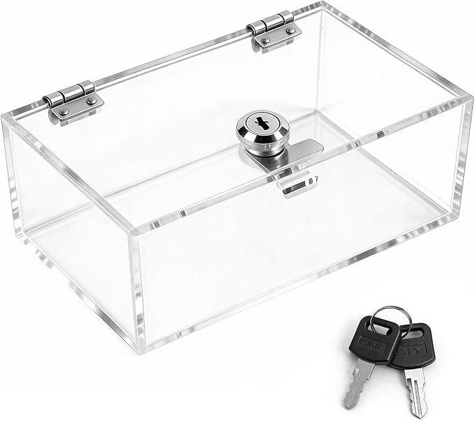 Clear Lock Box - Medium 8.3×5.1×3.5 Inches Acrylic Display Case with Lock, Transparent Lockbox with Keys for Secure Storage & Showcase