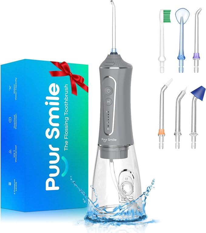 Professional Water Flosser - Advanced Dental Care for a Healthier Mouth, Gum, and Teeth - IPX7 Waterproof Oral Irrigator | 7 Replacement Tips, Travel-Friendly, Rechargeable - Oral Hygiene (Grey)
