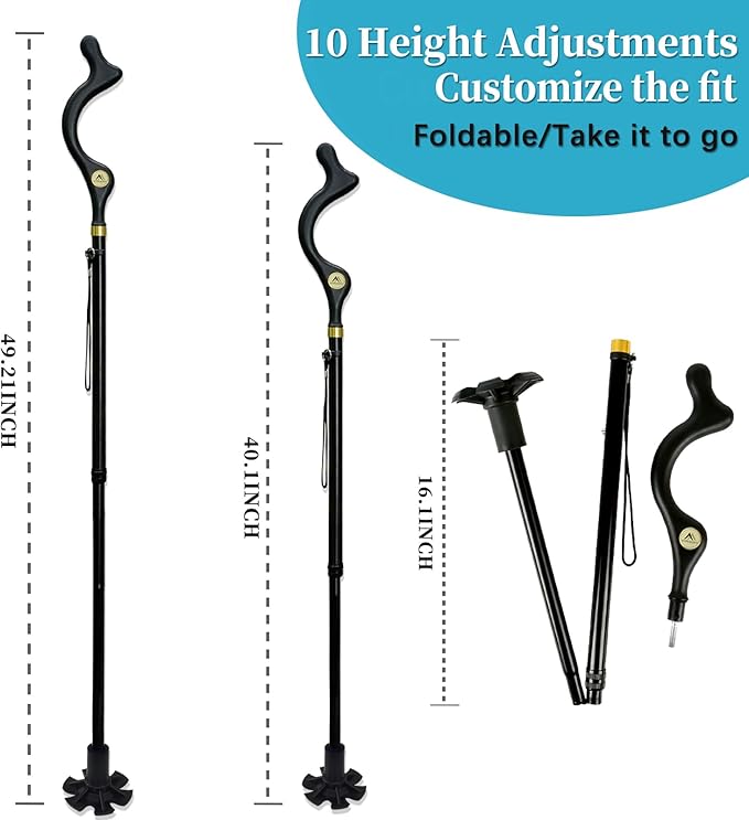 Walking Cane Foldable for Men & Women Seniors for Balance,Self Standing Folding,Height Adjustable Anti-Slip Lightweight Alloy Walking Stick for Travel Mobility Aid