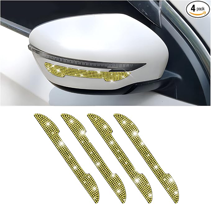 4PCS Bling Car Door Handle Scratch Protector, Yellow | 5.75x0.39 Inch, Universal fit, side panels/mirror edges, stainless steel, rhinestones, adhesive backing, exterior accessories