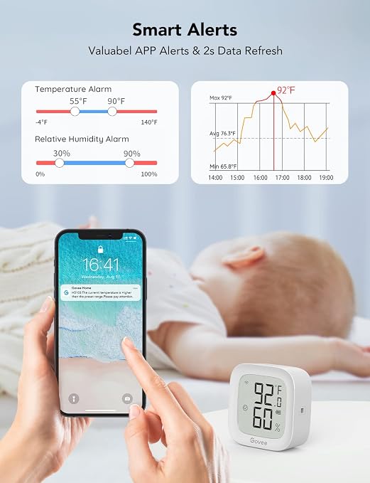 Govee WiFi Thermometer Hygrometer H5103 with Electronic Ink Display 2 Pack | Temp and humidity monitor with alert, 2.4G WiFi & Bluetooth, 2-yr data export. For bedroom, wine cellar, basement