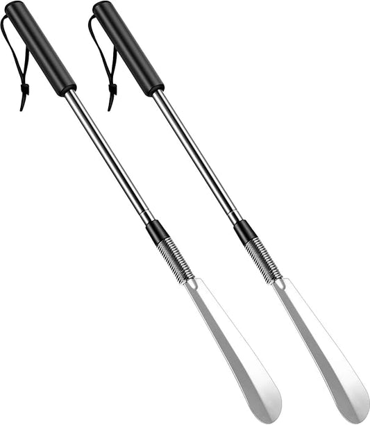 Blulu 2 Pack Stainless Steel Shoe Horns Long Handle Adjustable Expander Telescopic Shoe Horn with Comfort Grip for Various Boots and Shoes Designed for Pregnant Women Seniors