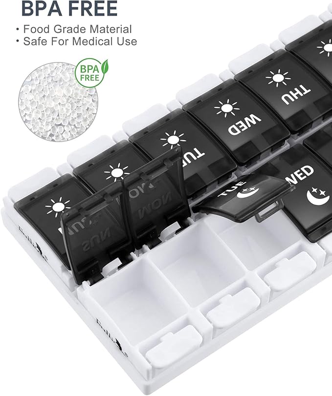 Pill Organizer 2 Times a Day Large Weekly Pills Case, Fullicon Pills Box Container Cases with Unique Push-Button Pop Open Design - Black
