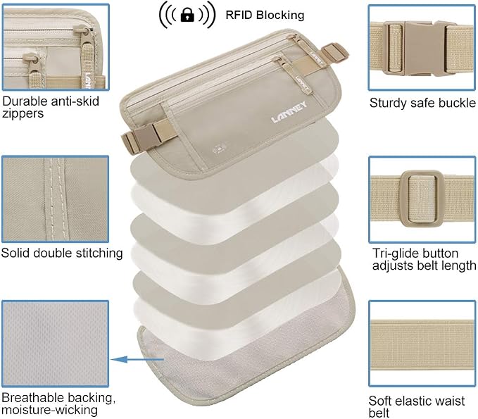 Travel Money Belt Hidden Waist Stash Wallet RFID Blocking Anti-Theft Passport Holder for Men Women, Cream