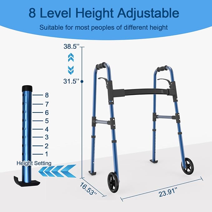 Loyoda Folding Walker for Seniors, Lightweight Aluminum Standard Walker | Trigger Release Foldable, 5" Front Wheels, Height Adjustable, Storage Bag, Ski Glides, Blue