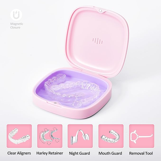 Retainer Case Slim Aligner Case with Vent Holes Removable Inner Tray Silicone for Easy Cleaning (1Pack Pink Purple)